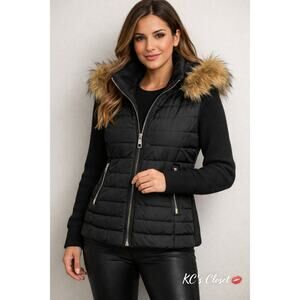 Calvin Klein puffer jacket Sz M, knit sleeves, zip pockets, removable faux fur